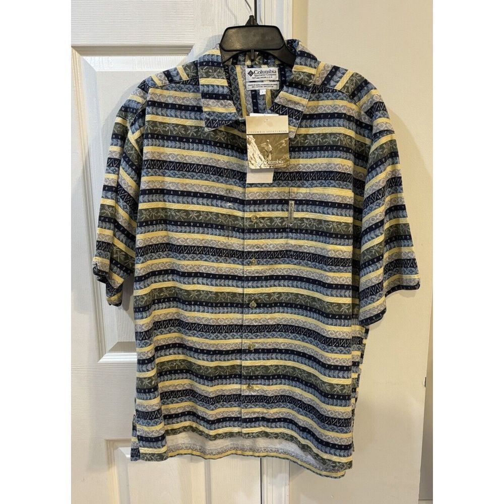 Columbia Men's Sz L Button Down Palm Stripe Campshirt‎ Short Sleeves